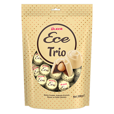 ÜLKER ECE TRIO WHITE AND MILK CHOCOLATE WITH COCOA CREAM AND WHOLE HAZELNUT DOYPACK