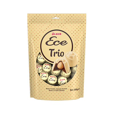 ÜLKER ECE TRIO WHITE AND MILK CHOCOLATE WITH COCOA CREAM AND WHOLE HAZELNUT DOYPACK